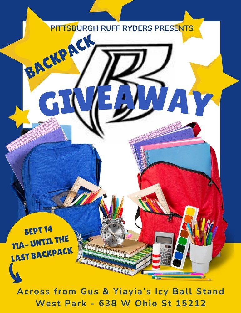 Pittsburgh Ruff Ryders Backpack Giveaway flier, Sept 14, 11A until the last backpack, West Park, 638 W Ohio St 15212
