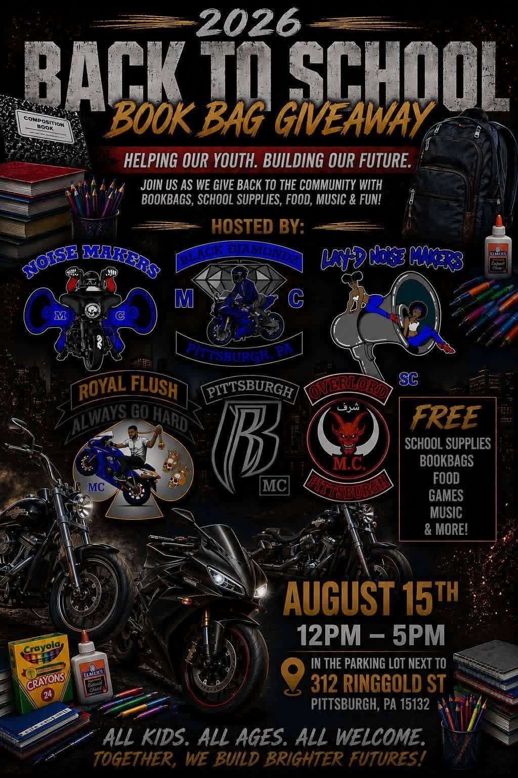2026 Back to School Book Bag Giveaway flier, August 15, 12 PM to 5 PM, parking lot next to 312 Ringgold St