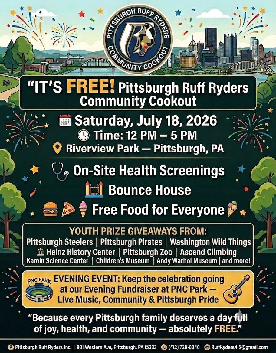 Pittsburgh Ruff Ryders Community Cookout flier, Saturday July 18 2026, 12 PM to 5 PM, Riverview Park