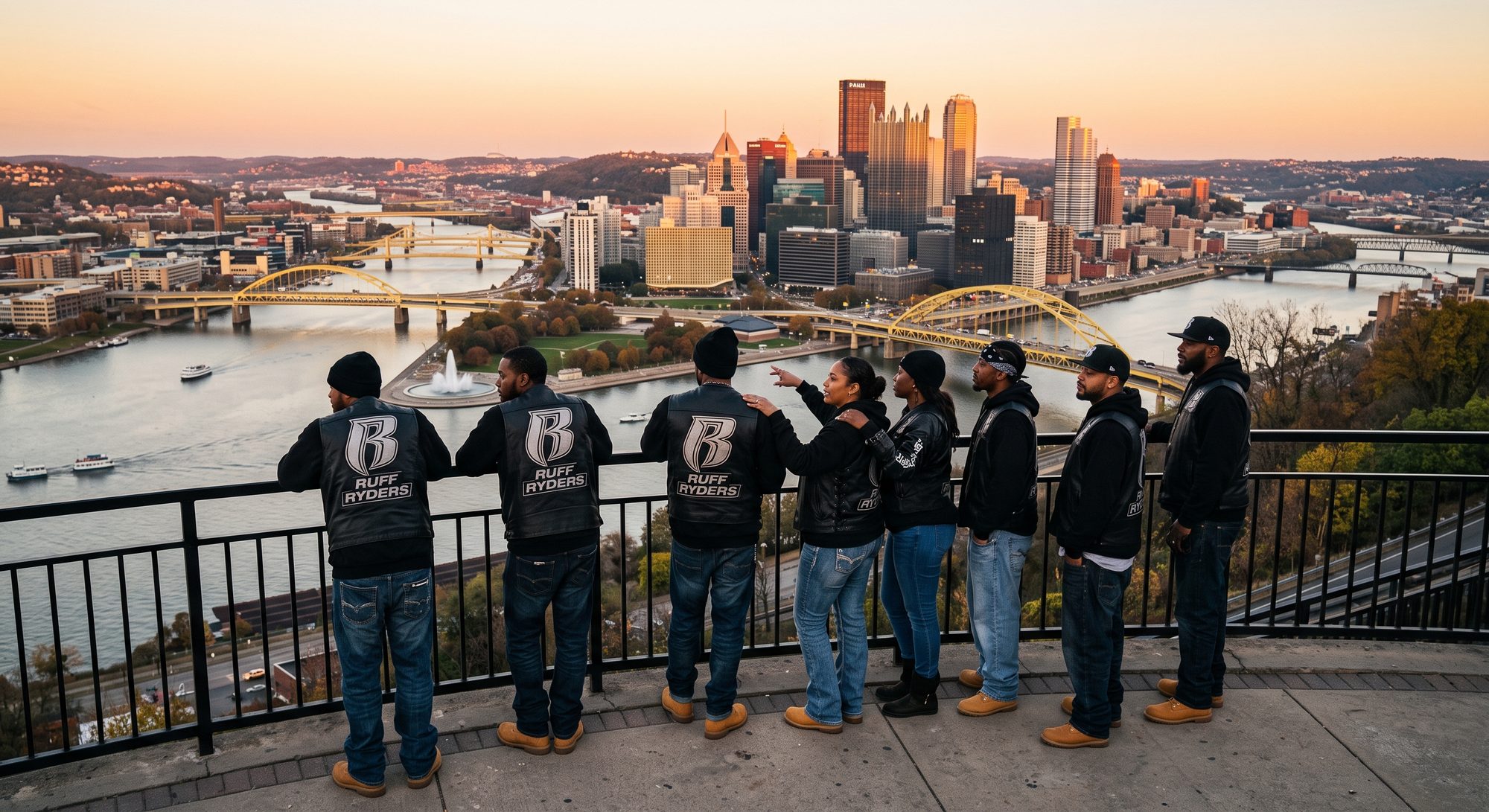 Pittsburgh Ruff Ryders members overlooking downtown Pittsburgh